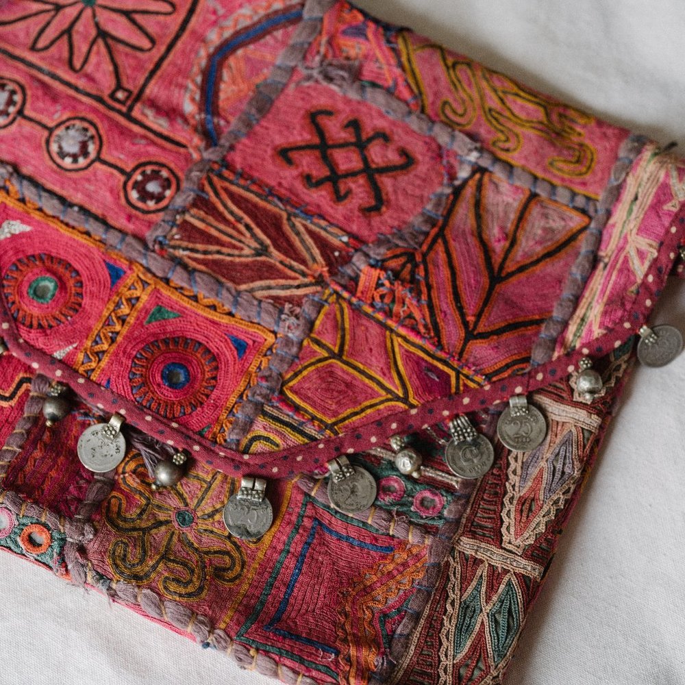 Pink and Multicolor Embroidered Boho Clutch with Coin Trim